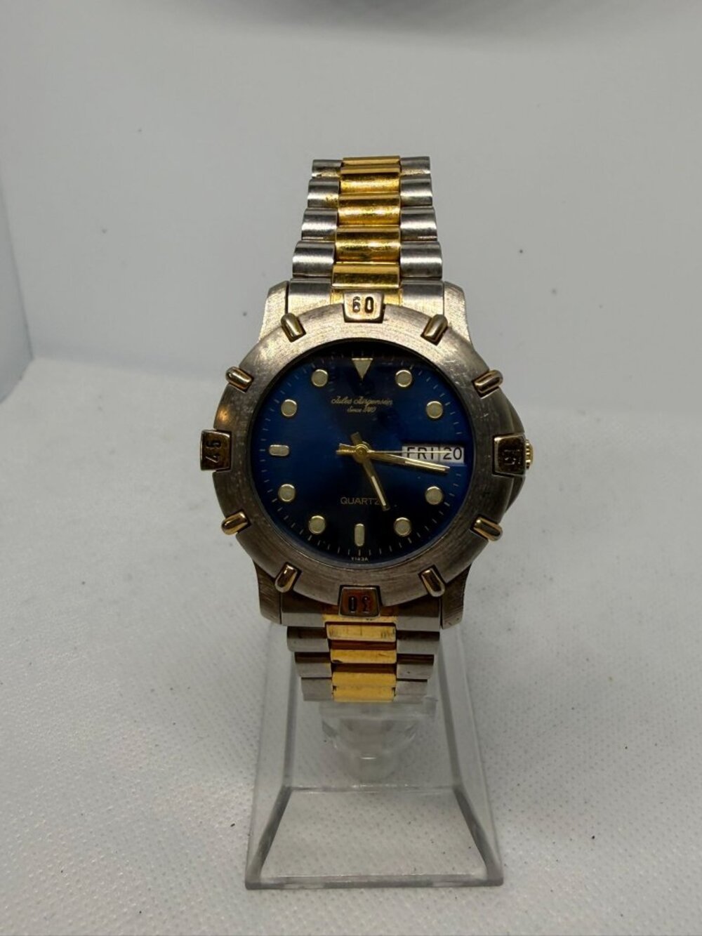 Jules Jurgensen Men's 35mm Two-Tone Blue Dial Rotating Bezel Day Date Watch